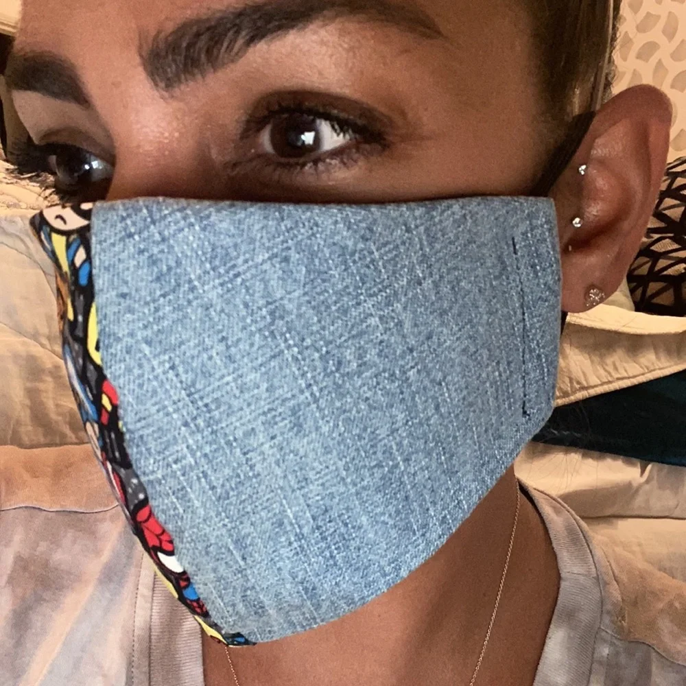 Hand Made DC superheroes print and denim face mask, M/L